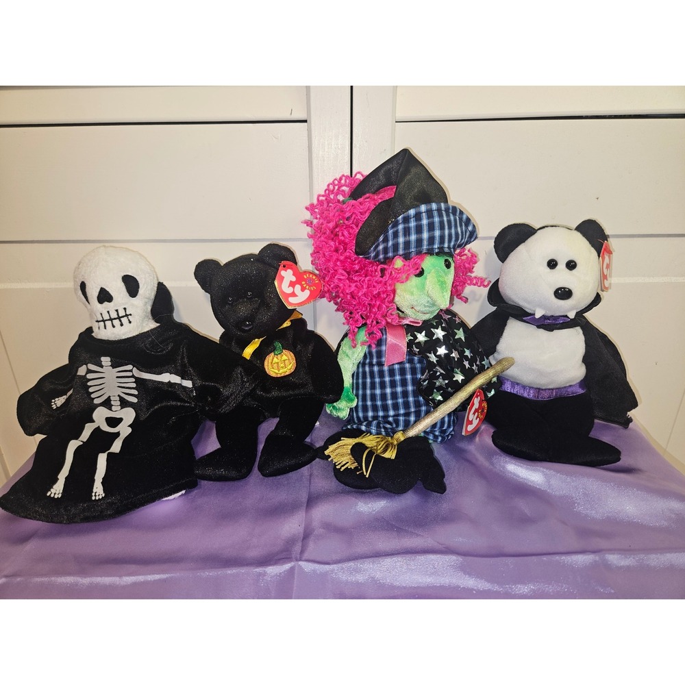 Ty Beanie Babies Vtg 7 Halloween Ghost Witch Skeleton Pumpkin Vampire Panda - Picture 3 of 9